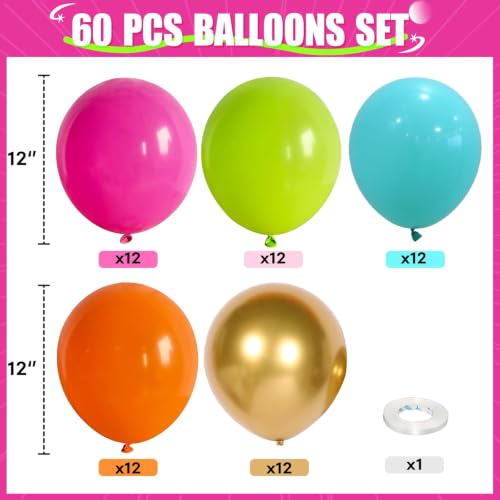 Image of HILAVO Tropical Balloons Kit, 60 PCS 12Inch Hawaiian Balloons Hot Pink Orange Teal Green and Gold Colorful Rainbow Balloon for Summer Tropical Aloha Luau Pool Beach Birthday Baby Shower Party Decor