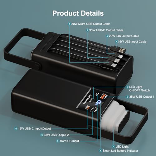 Image of Power Bank 52800mAh PD 35W High Capacity Battery Pack with Built-in 4 Cables & LED Flashlight - 8 Port Portable Charger for Travel, Outdoor, and Multiple Device Charging (Black, Milliamp Hours, 52800)