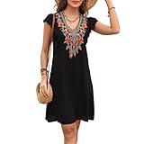 Grosy Slim Women’s Mexican Embroidered Dress Fiesta, Ruffle Sleeve Boho Dresses Sleeveless Traditional Floral Sundress