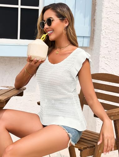 Image of ZAFUL Womens Summer Short Sleeve Sweater Vest Ruffle Knit Tank Top Pullover Crop Tops Crochet Cami Shirts White L