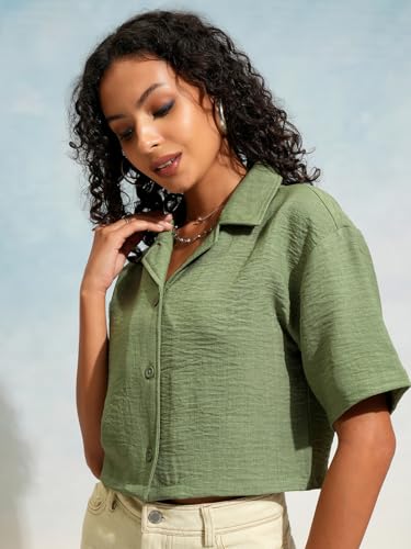 Image of Tokyo Talkies Women's Boxy Shirts | Solid | Short Sleeves | Cuban Collar
