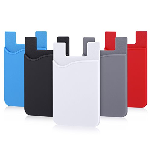 Phone Card Holder, Pofesun 5 Pack Ultra-Slim Credit Card Holder Adhesive Pocket Compatible for iPhone Samsung iPad LG Sony More Android Smart Phones(Black, White, Gray, Blue, Red)