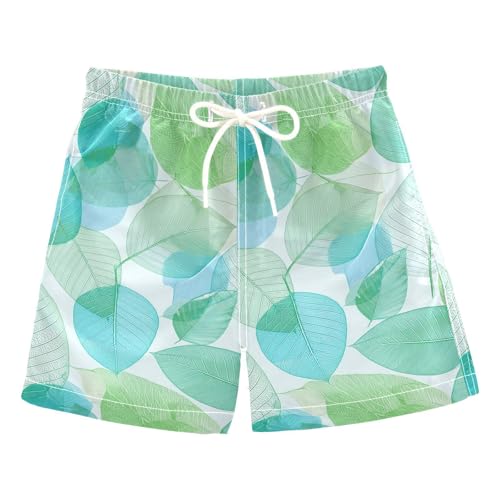 DOMIKING Leaves Teal Toddler Boys' Swim Trunks Mesh Lining Swim Shorts for Swimming Hiking Adjustable Waist