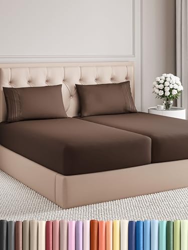 Image of Split King Size 5 Piece Sheet Set - Comfy Breathable & Cooling Bed Sheets Set - Hotel Luxury Bedding for Women, Men, Kids & Teens - Deep Pockets, Easy-Fit, Super Soft & Wrinkle Free - Oeko-Tex - Brown