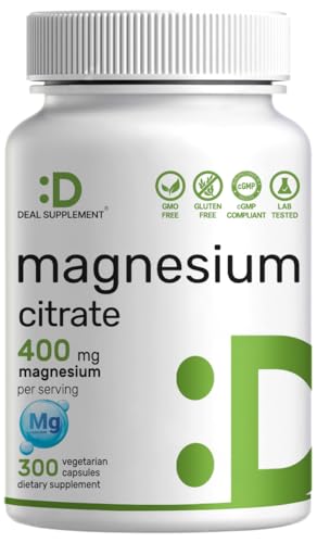 Magnesium Citrate 400mg Per Serving 300 Veggie Capsules Chelated Easily Absorbed Purified Trace Mineral Muscle Heart & Digestive Support Non-GMO