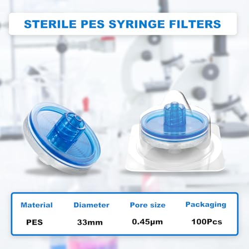 Image of 100Pcs Syringe Lab Filter, Sterile PES Hydrophilic Filters, 0.45um Pore Size, 33mm Membrane Diameter for Scientific Laboratory, Individually Packed