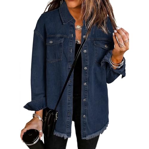womens gym jacket Denim Jackets Women Baggy Button Down Long Sleeve Jean Top Frayed Hem Boyfriend Style Casual Jean Coat with Chest Pockets Distressed Trucker Jacket for Spring Summer
