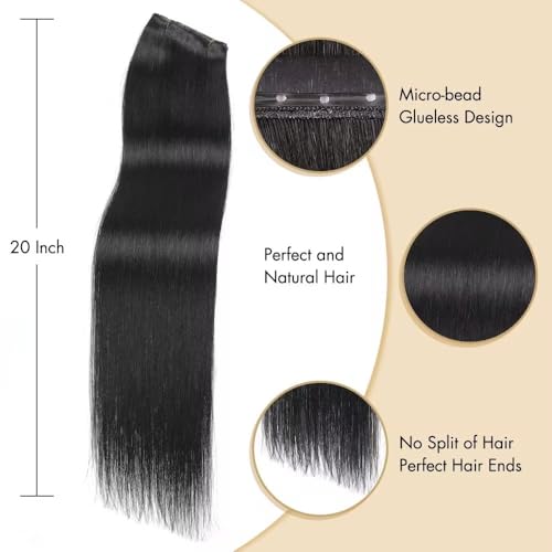 Image of Double Invisible PU OVO Butterfly Weft Human Hair Extensions 20in Remy Human Hair Glueless Micro Beads Heat-Friendly Soft for Women Daily Wear Wedding Birthday to Add Volume & Length (Jet Black)
