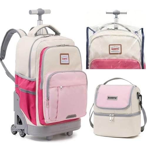 BAMIFEI 18 Inch Pink Rolling Backpack for Girls Kids Rolling Backpacks Climb Stairs Backpack with Wheels School Backpack Spacious Multiple Compartments Reflective Strip Travel Backpack for Kids