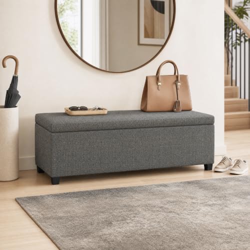 Image of SIMPLIHOME Avalon 48 inch Wide Tweed Look Fabric Storage Ottoman in Red
