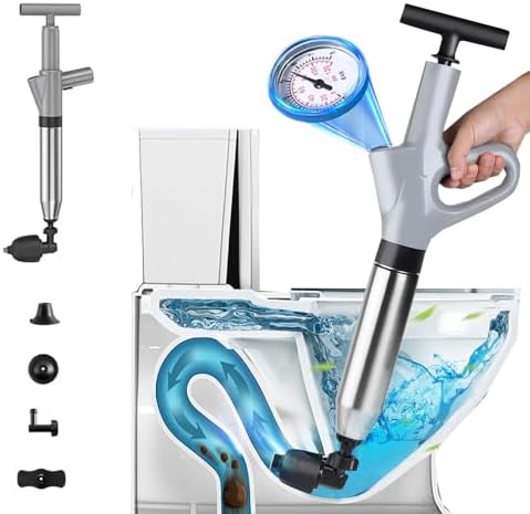 HOMIE HOME Toilet Plunger- Stainless Steel Plungers for Bathroom - Kitchen Sink - High Pressure Air Plunger Drain Clog Remover for Unclog Toilet - Toilet Snake Unclogger Drain with Real Time Barometer