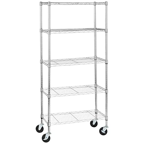 Amazon Basics 5-Shelf Adjustable, Heavy Duty Storage Shelving Unit on 4” Wheel Casters, Metal Organizer Wire Rack, 30″ L x 14″ W x 64.8″ H, Chrome