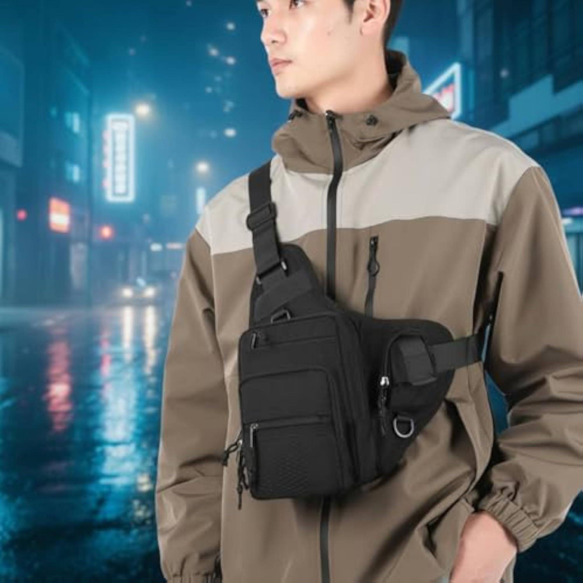 Vest-Design Chest Bag with Multiple Zippered Pockets, Practical Storage