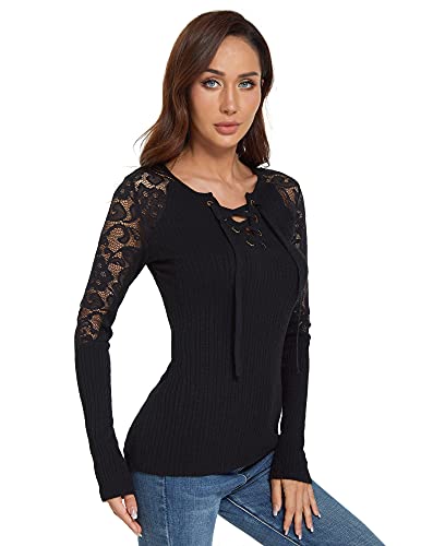 Image of AmelieBoutik Women Floral Lace Inset Lace Up Ribbed Long Sleeve Knit Top