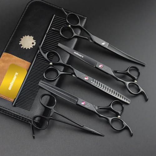 Conjunto 4 Tesouras Pet com Pente e Pinça Groomer Canhotos para Tosa ANIMAUX (6 Peças) (Preto)