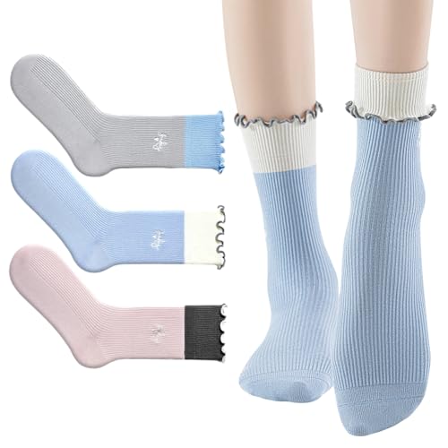 Image of Women Girls Summer Ruffle Turn-Cuff Casual Crew Socks Cute Breathable Combed Cotton Blend Colorful Sock (3 Pairs, Grey, Blue, Pink)