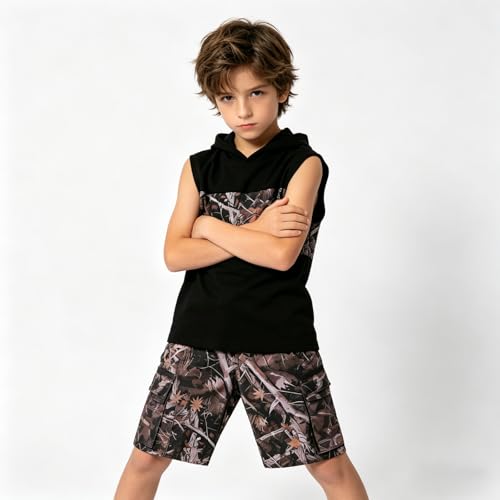 Image of Size 6-12 Years Boys Summer Clothes Hooded Sleeveless Tank Tops Workout Shorts 2 Piece Set Fashion Outfits