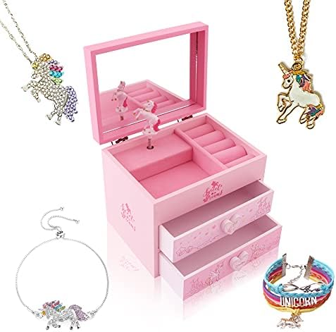 Agitation Kids Unicorn/Castle/Princess Wooden Musical Jewelry Box for Girls with Matching Jewelry Set (B-Pink Unicorn4)