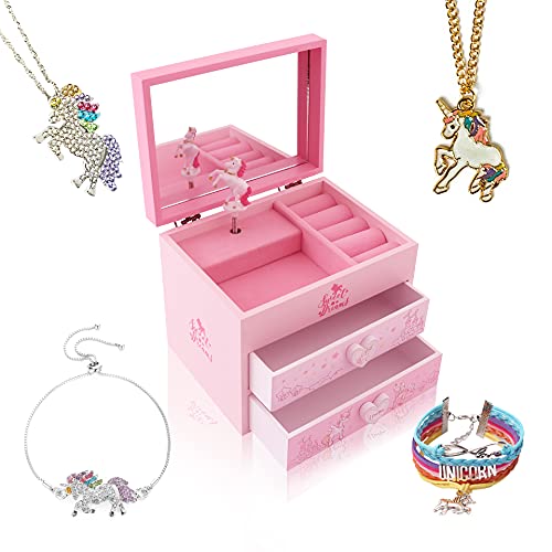 Agitation Kids Unicorn/Castle/Princess Wooden Musical Jewelry Box For Girls With Matching Jewelry Set (B-Pink Unicorn4) #TOP1