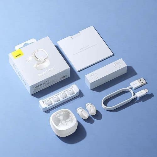 Contents of the Baseus Bowie WM02 True Wireless Earphones package, including earbuds, charging case, USB-C cable, and ear tips.