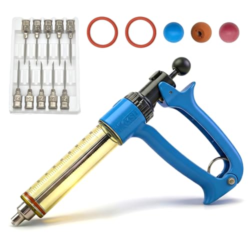 50mL Semi Automatic Livestock Syringe Adjustable Dosage Repeater Injector (1-5mL) with Luer Lock Tip for Cattle Sheep Goats & Pigs Continuous Injection Gun for Farm Herd Blue