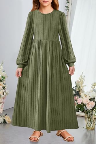 YOVION Girls Sweater Dress Fall Winter Lantern Long Sleeve Crew Neck Casual Flowy Knit Maxi Dresses with Pockets for 6-12 Y2