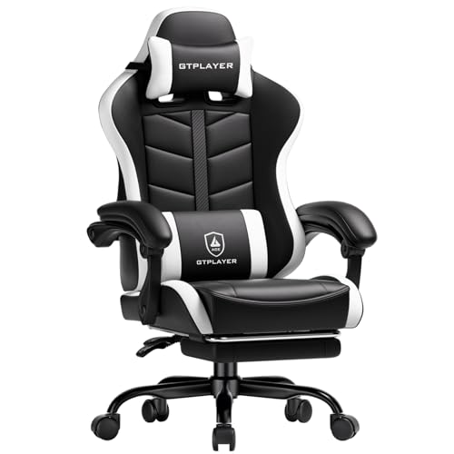 GTPLAYER Gaming Chair, Computer Gaming Chairs for Adults with Footrest, Height Adjustable PC Game Chair with 90-155° Recline & Removable Headrest Lumbar Support, Black-White
