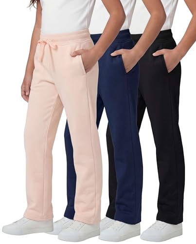 Image of Real Essentials 3 Pack: Girls' Fleece Open Bottom Soft Athletic Performance Casual Sweatpants(Ages 7-16)