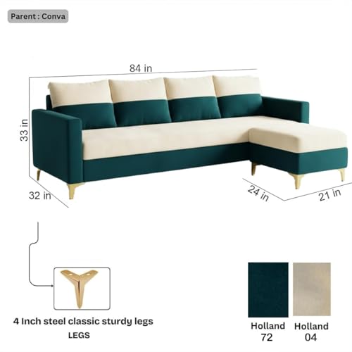 Image of FURNY Canvora 5 Seater L Shape Sofa Set with Movable Ottoman | Flexible Left or Right Layout | Plush Velvet Fabric (Cream-Greenish Teal) | Perfect for Living Room, Guest Room & Office