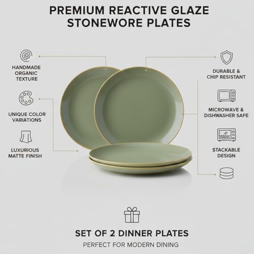 Image of Freakway Pista Green Stoneware Premium Reactive Glaze Dinner Plates with Gold Rim - 10.6 Inch, Sage Green, Set of 2 | Scratch Resistant & Microwave Safe