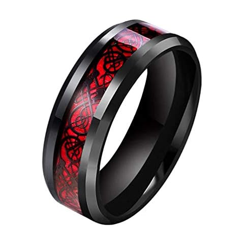 SWOPAN Men's Celtic Dragon Ring 8MM Red Carbon Fiber Black Celtic Dragon Stainless Steel Rings for Men Women Wedding Bands Engagement Ring Beveled Edges Celtic Rings Comfort Fit Jewelry, Red, Size 8 Cover