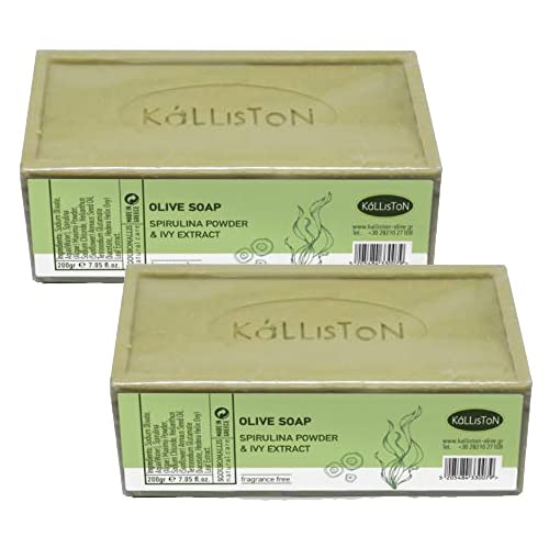 Kalliston, Olive Soap with Spirulina Powder & Ivy Extract, Olive Soaps with Herbs Collection, For Detoxifying & Cleansing, Born in Greece, 200g each soft bar, Pack of 2