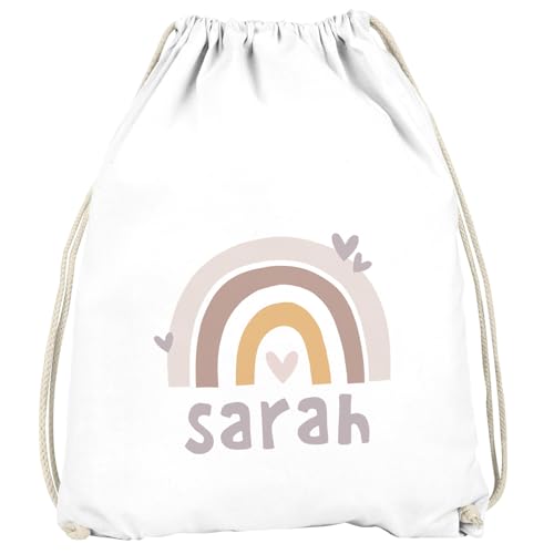 SpecialMe® Kinder Turnbeutel Regenbogen mit Namen Herzen Skandi Stil personalisierte Geschenke Mädchen Jungen Weiss-braun unisize