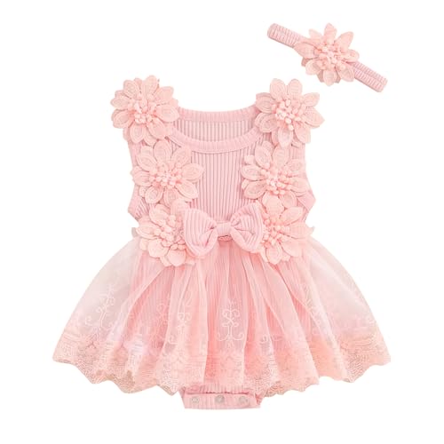Image of Infant Baby Girl Lace Romper Baby Tulle Dress Romper Flowers Bodysuit Spring Summer Festival Clothes with Headband