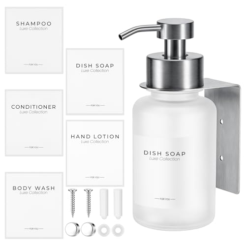 Hejo Wall Mounted Glass Soap Dispenser 400ml Glass Soap Dispenser for Bathroom Kitchen Self-adhesive or Drilling Required Refillable Frosted Dispenser for Shampoo Conditioner(White/Silver)