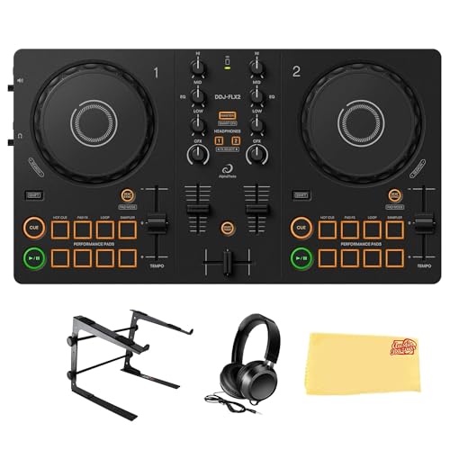 Image of Pioneer DJ AlphaTheta DDJ-FLX2 Compact 2-Channel DJ Controller | Bundle with Laptop Stand, Headphones, and Austin Bazaar Polishing Cloth