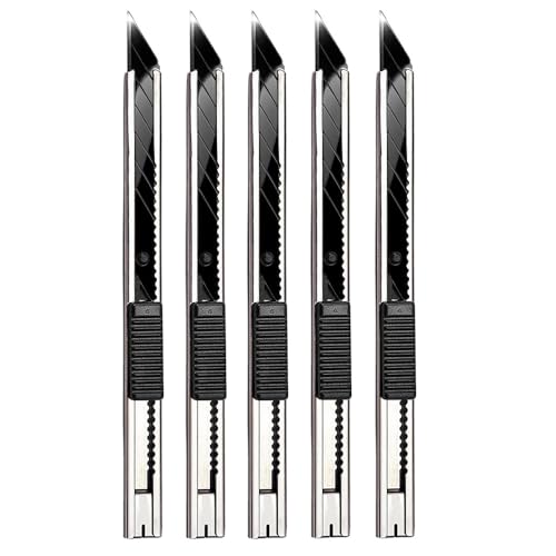 Image of Gebildet 5pcs Black Blade Utility Knife, Right and Left Hand Stainless Steel Lockable Cutter Knife, 9mm Snap Off Blades, 30 Degree Foil Knife, for Foils, Wallpaper, Crafts, Cartons