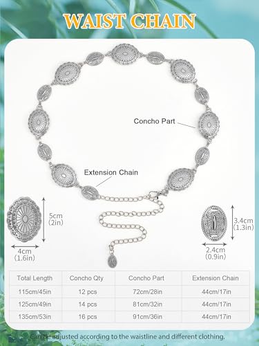 Image of FIORETTO Western Waist Chain Belt Metal Concho Belt for Women Cowgirl Cowboy Boho Country Belt for Dress Jean