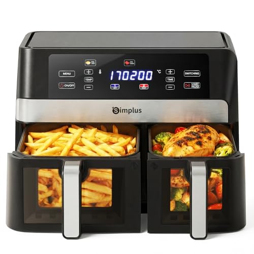 SIMPLUS Friteuse à Air Double Panier 10L, 1800W, Écran Tactile LCD, 11 Programmes, Fenêtre Visible, Four à Air Chaud avec Micro-Vapeur, Noir