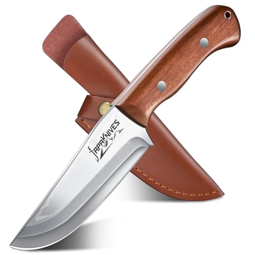 Japaknives Jagdmesser Feststehende Klinge Survival Messer mit Lederscheide Bushcraft Messer Rosenholzgriff Outdoor Messer Jagd Geschenk für Männer