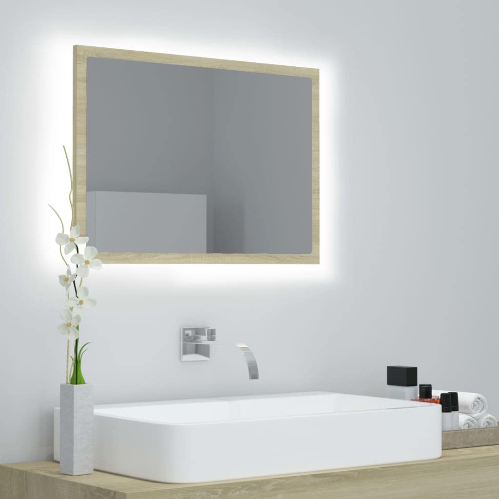 Lustro łazienkowe LED, dąb Sonoma, 60 x 8,5 x 37 cm, akryl z lampą RGB, montaż ścienny do umywalki i umywalki, mebel łazienkowy akcent do łazienki WC, wiszące lub poziome