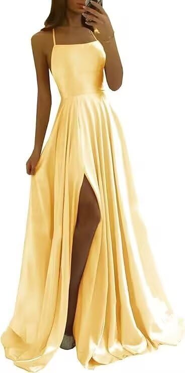 Tvuyet Satin Prom Dresses Long with Pockets Spaghetti Straps A Line Bridesmaid Dresses with Side Slit Ball Gown