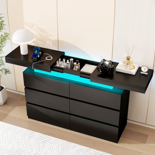 Vipbear Black Dresser 6 Drawer for Bedroom TV Stand Double Dressers with Sliding & Top Power Outlet & LED Lights Modern Chest of Drawers for Living Room,Game Room