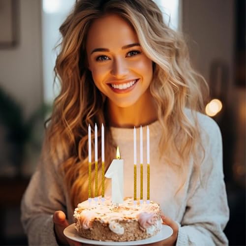 Image of Wanna Party 6 PCS White Gold Glitter Birthday Candles, Tall Glitter Cuppcake Long Thin Cake in Holders for Birthday Wedding Party Decorations