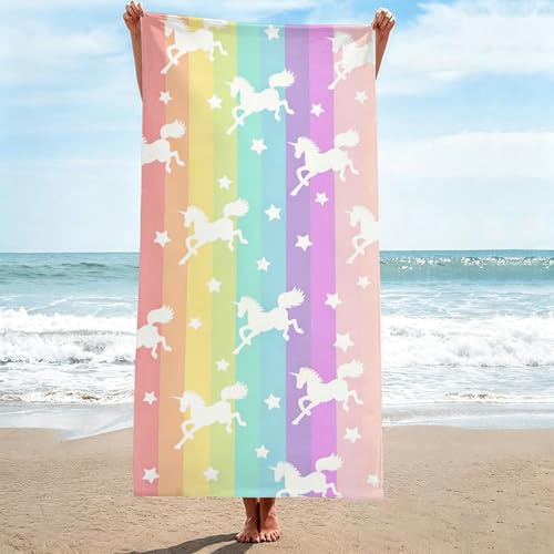 WIBUE Rainbow Unicorn Microfiber Oversized Beach Towel Lightweight Quick Dry Sandproof Towels 60x30 for Swim Pool Yoga Gym Camping Beach Essentials Accessories Vacation Gift (Rainbow Unicorn)