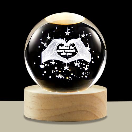 Lámpara bola de cristal 3D LED base madera 6 cm
