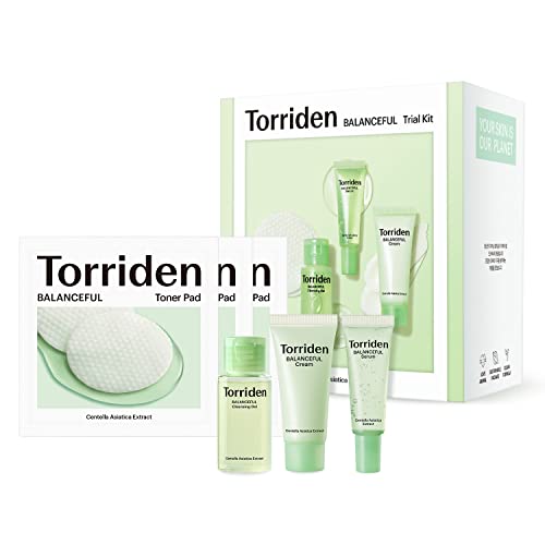 Torriden BALANCEFUL Cica Trial Kit, 5D Cica Infused Daily Skincare Kit - 4 Step Regimen with Cleansing Gel, Toner Pad, Serum, and Cream | Korean Skin Care Set