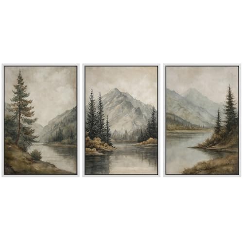 MUDECOR Framed Wall Art Print Set Mountain Landscape Nature with Trees, Lake, and Mountains, Rustic Illustrations Modern Art Decorative Colorful for Living Room, Bedroom, Office - 16"x24"x3 White
