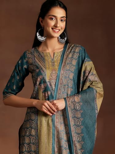 Image of Libas Womens Printed Cotton Straight Kurta With Salwar and Dupatta M | daily wear suit