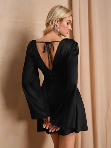 Parthea Women's Sexy Deep V Neck Long Sleeve Mini Satin Silk Dress Elegant Flowy Wedding Guest Party Short Dresses2
